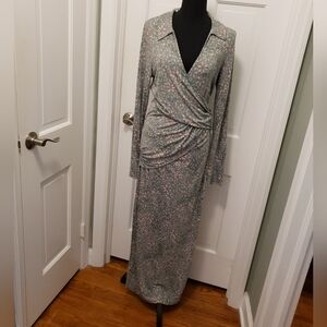 Free People Shayla Floral Print Knit Faux Wrap Dress Size Large, Boho Mint Combo